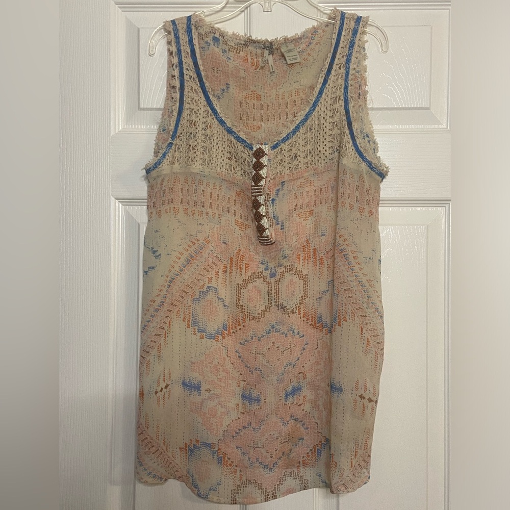BKE Boutique Women's Small Tan Beige Tank Embellished Southwestern Beaded